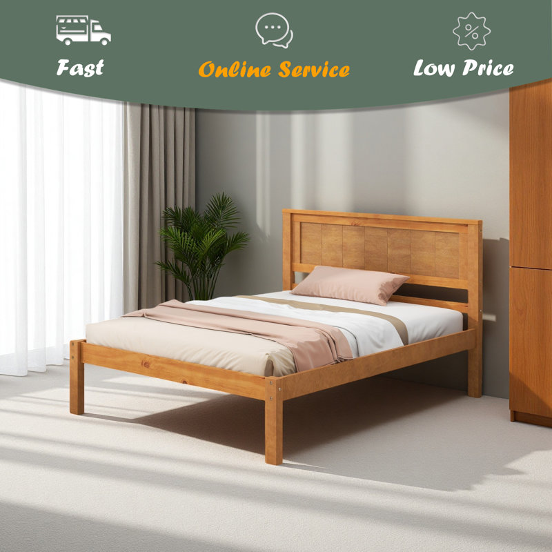 Base de lit plateforme avec tête de lit, Lit simple, Chêne