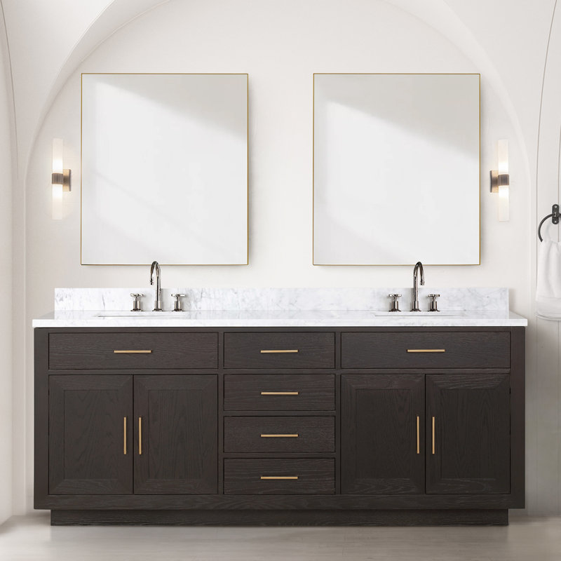 Meuble-lavabo double Shelter et miroirs 28 po, Chêne brun, 48", Marbre de culture blanc