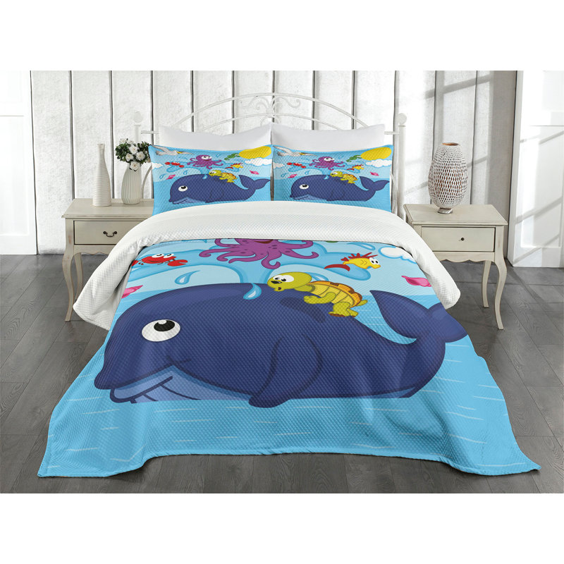 Ambesonne Playroom Bedspread Set 3 Pcs Marine Animals King Multicolor