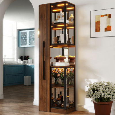 70" Display Cabinet With Glass Doors And Lights, With Multi-Functional Pull-Out Multi-Tier Storage Shelf , Wooden Display Storage Cabinets
