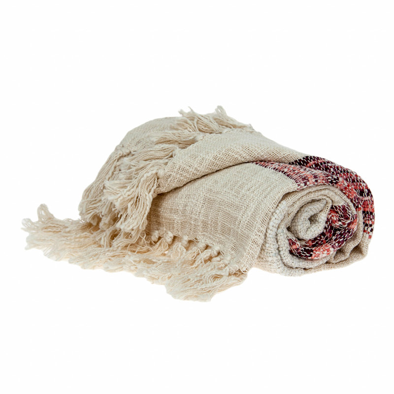 Jeté tissé à la main beige et rayures de bandes roses