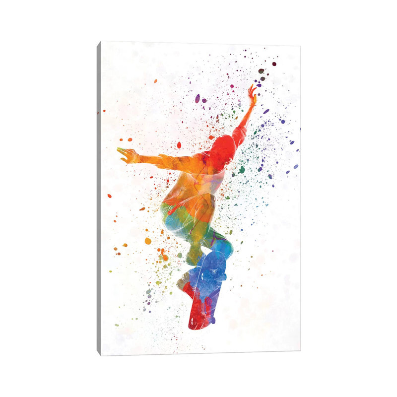Skateboarder In Watercolour V by Paul Rommer - Wrapped Canvas Painting, 20.32 cm H x 30.48 cm W