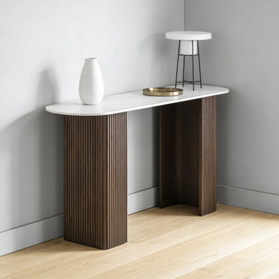 Mid Century Modern Console Table With Sintered Stone Top And Fluted Solid Wood Base, Entryway Sofa Table For Living Room, Hallway, Or Foyer, Easy Assembly