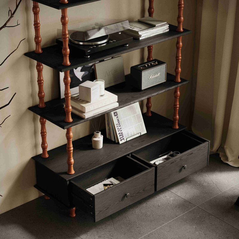 Bibliothèque avec bibliothèque et bibliothèque en bois de 74,4 pouces de hauteur, étagères et tiroirs de rangement à 5 niveaux, tablettes modernes autoportantes en placage de bois massif, salon, salle d'étude, cuisine