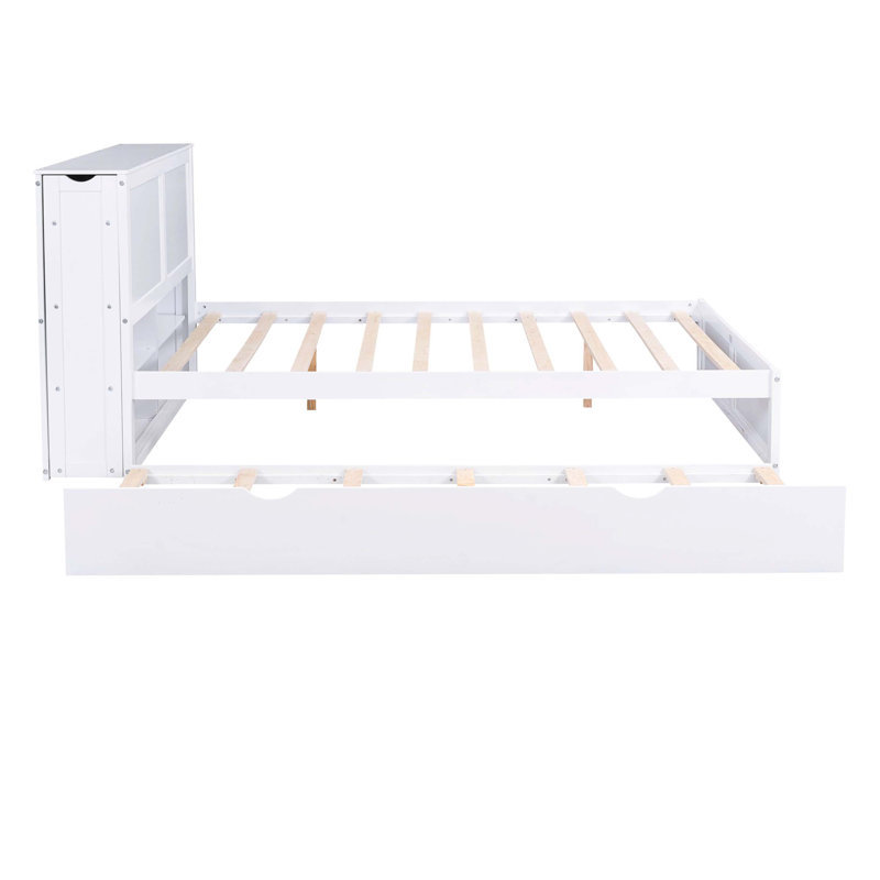 Grand lit plateforme avec rangement pour grand lit, tablettes latérales escamotables et très grand lit simple TG, blanc