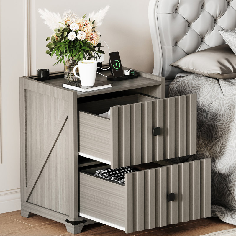 2pcs Night Stand Set 2 With Slidable Charging Station,bedside Table With 2 Drawers,farmhouse End Table And Nightstand,small Side Table For Bedroom,living Room(newly Upgraded 2 Pcs)