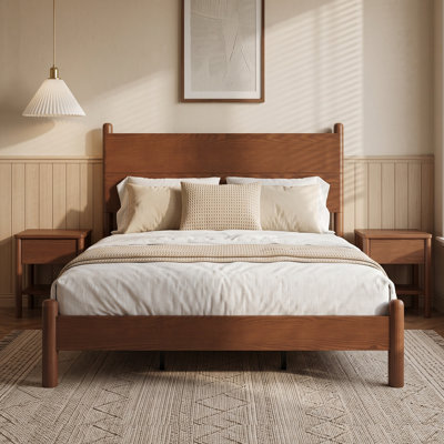 Base de lit pleine grandeur en bois massif, cadre de lit Mid-Century FullPlateforme avec tête de lit et station de charge, support à lattes de bois, aucun sommier nécessaire