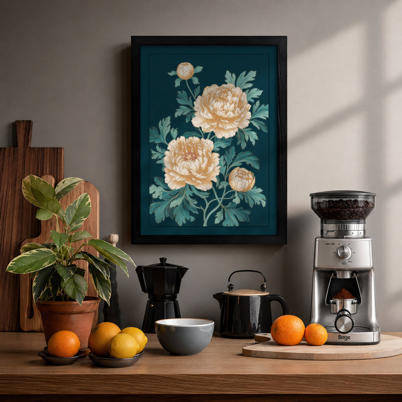 Peonies In Teal Botanical - Print, A1 - 84.1 x 59.4 cm, Black