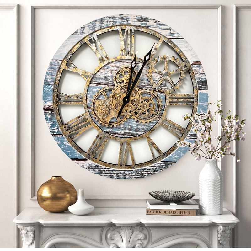 24" Aqua Green and Bronze Industrial Wall Clock with Moving Gears