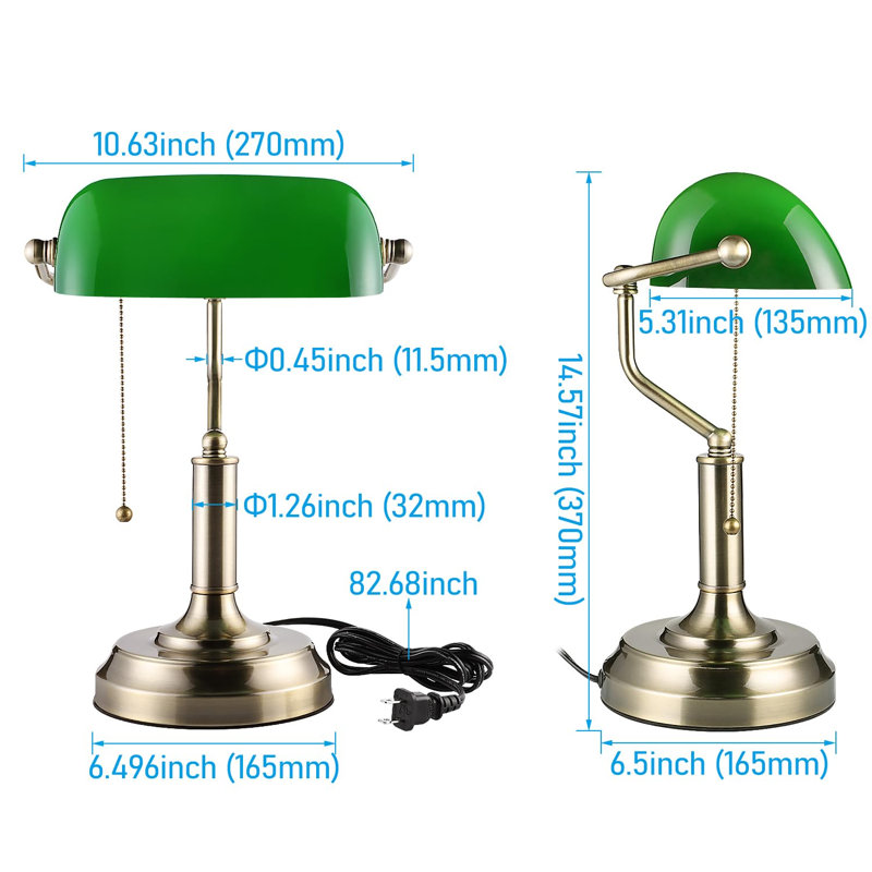 Lampe de bureau en verre vert, lampes de bureau antiques avec base en laiton, lampe de bibliothèque traditionnelle avec chaînette, base E26, lampe de bureau rétro pour bureau, salle d'étude