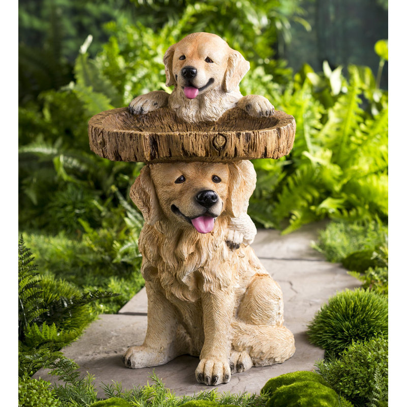 22"H Playful Puppies and Cardinal Resin Birdbath