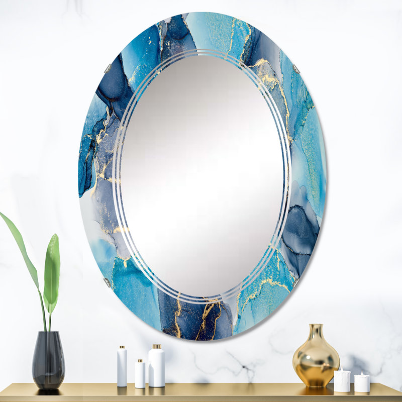 Turquoise et mauve abstrait luxueux, art fluide V - miroir mural moderne ovale, 36 po x 24 po