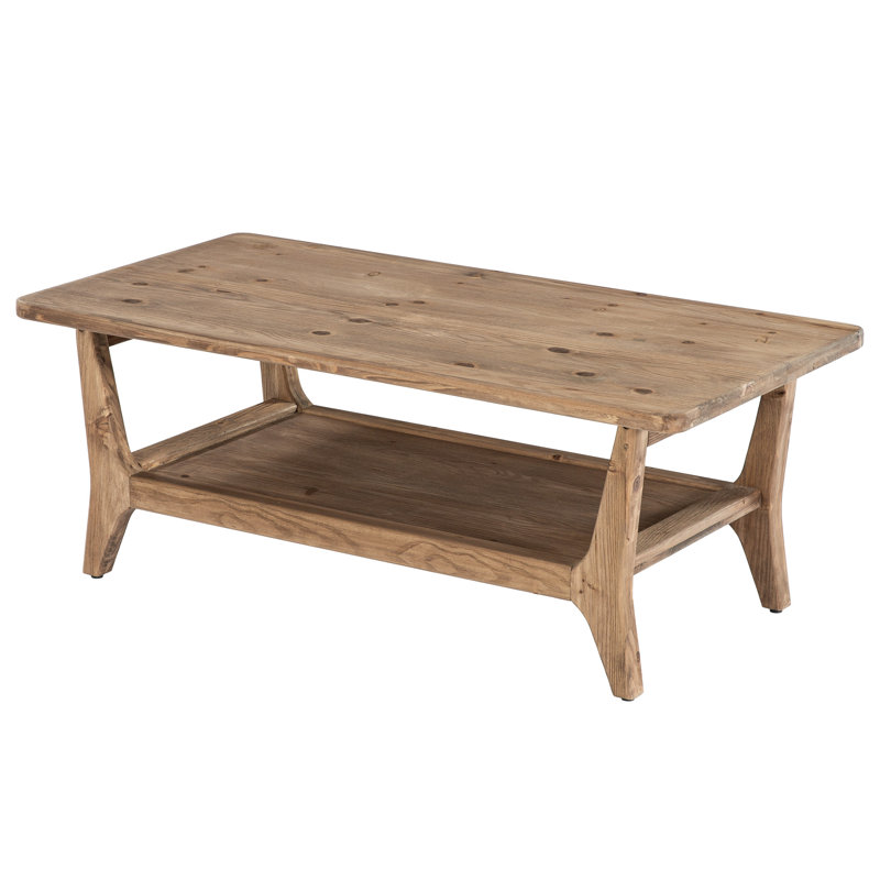 Solid Wood Farmhouse Brown Rectangle 47-Inch Mid-Century Center Coffee Table with Open Storage Shelf, 2-Tier Modern Simple Low Cocktail Tea Table