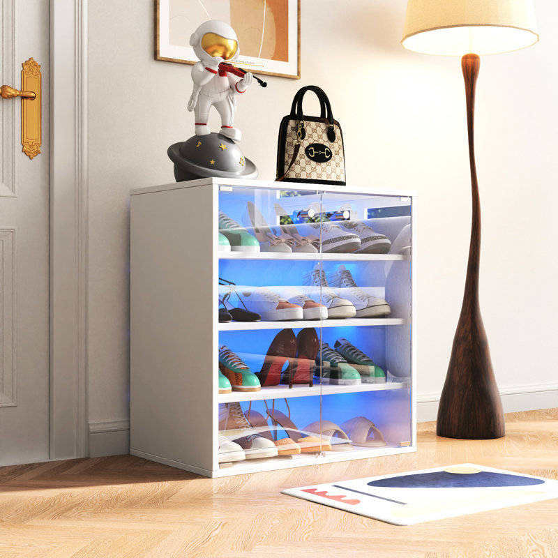 Organisateur de chaussures à DEL avec structure en bois et espace efficace - Boîte empilable pour espadrilles 4 1 porte en verre trempé