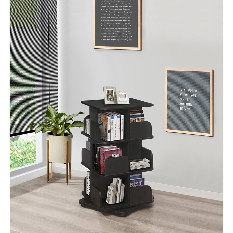 Holthaus Rotating Wooden Bookcase Organizer with Open Storage Shelves for Books, DVDs, and Media Display, Black
