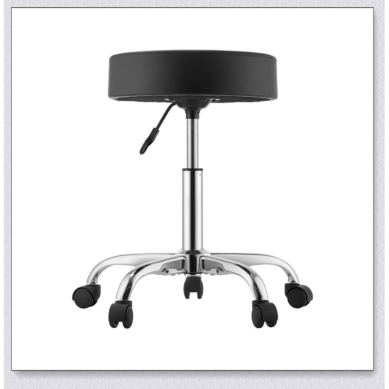 Tabouret roulant réglable en hauteur avec coussin épais, capacité de 227 kg, assise en similicuir, pivotant à 360°, idéal pour les salons de coiffure et les cabinets médicaux, noir.