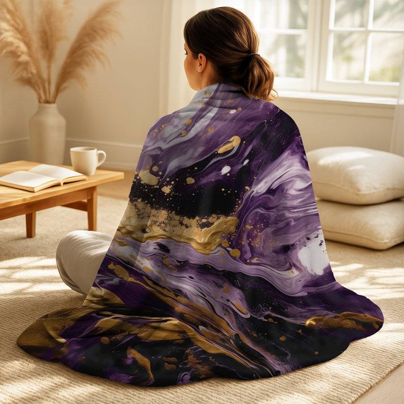 Mauve et or liquide Magic I - Ensemble de jeté abstrait et oreiller, Throw blanket with two pillows (3-piece set)
