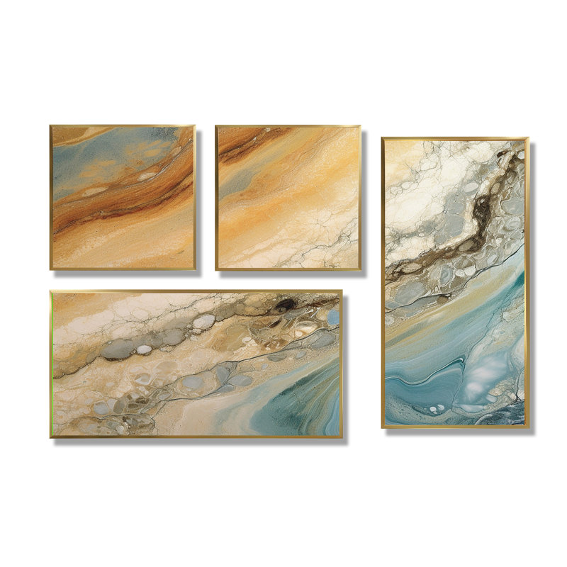 «Beige Blue Aqua Symphony», art mural abstrait grand 4 pièces, Impression encadrée sans passe-partout, Doré