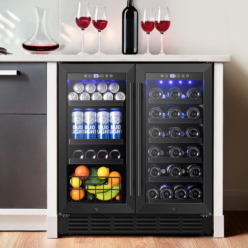 30" Wine And Beverage Refrigerator Black 33 Bottle And 130 Can Built-In/Freestanding Wine Cooler With Basket Dual Zone