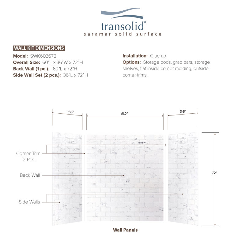 Saramar Three Panel Shower Wall, White Venito, 72" H x 60" W x 36" D