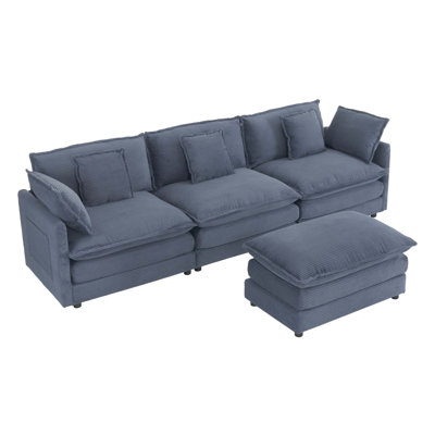 112.6 Modern Sofa Modular Sofa Couch Upholstered Corduroy L-Shape Sectional Sofa With Side Storage Pockets For Living Room