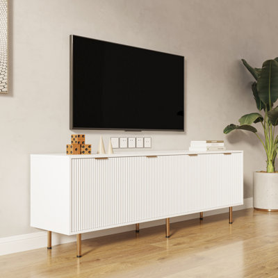 Meuble télé moderne blanc chaud pour téléviseur de 80 po, élément de chambre à coucher de salon, 4 tiroirs, armoire stable et facile à ranger et à désinfecter, chambre à coucher, rangement de tiroir, panneau de particules, entretien