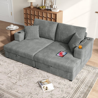 83.5” Oversized Double Chaise Lounges with Storage, Upholstered Plush Corduroy Lounge Couch with Chargeport & Cupholder by Mercer41