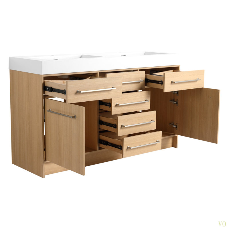 Meuble-lavabo autoportant de 60 po avec lavabo double en résine, 2 portes à fermeture douce et 6 tiroirs à fermeture douce, contreplaqué original