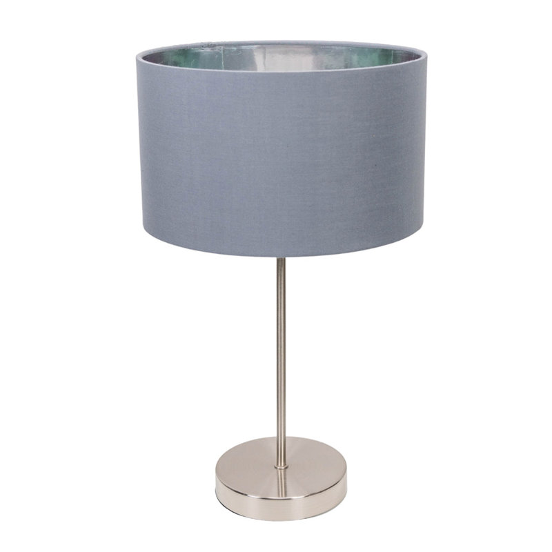 Dadiva Brushed Chrome Stem Table Lamp with Velvet Reni Shade, 43cm H x 25 cm W x 25cm D, No, Silver Base/Grey Shade