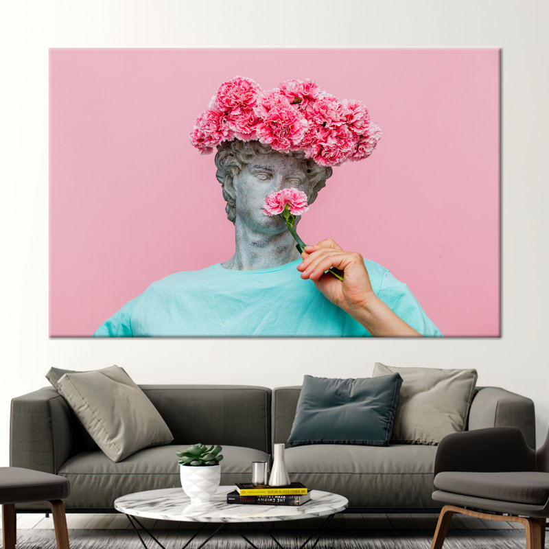 Affiche d'art moderne sur toile 3D avec un buste d'homme antique et un chapeau floral, 8" H x 12" W, Toile tendue