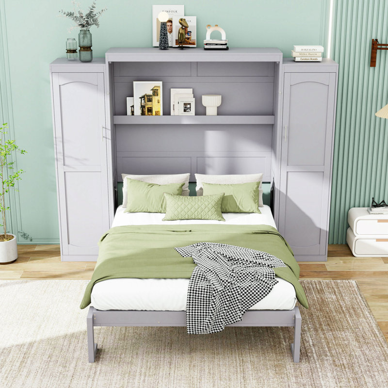 Lit escamotable en bois avec placards et rangement, gris, Complète