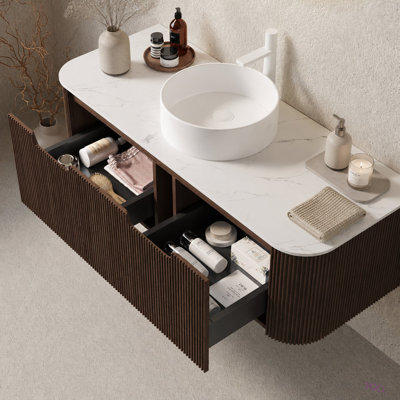 Meuble-lavabo de salle de bain 48 po avec lavabo, armoire de rangement murale rayée à bords arrondis avec 2 tiroirs, lavabo rond en céramique, sans robinet, pré-assemblé