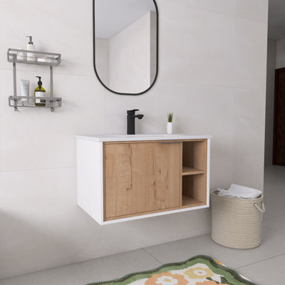 Ensemble de meuble-lavabo mural simple 30 po avec plateau en céramique et porte à fermeture en douceur