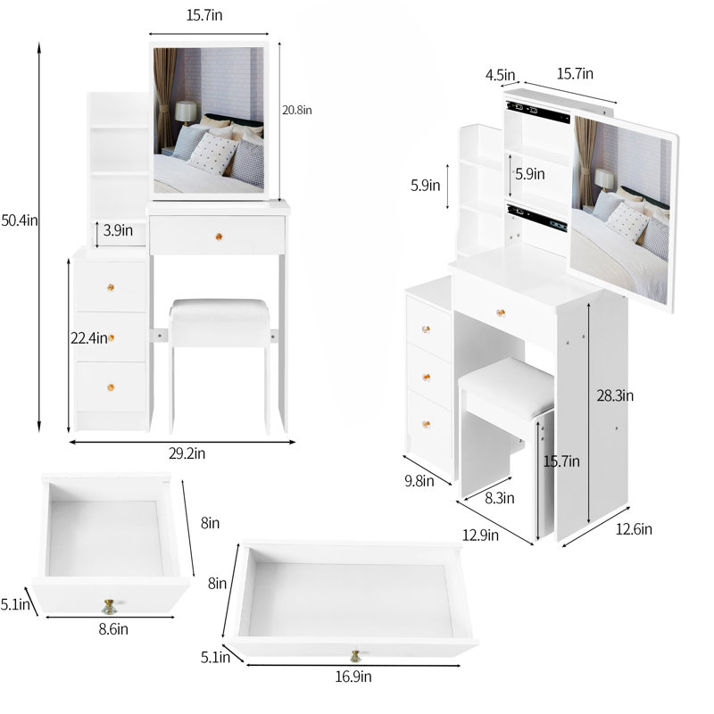 29.2" Small Space Left Bedside Cabinet Vanity Table + Cushioned Stool, White