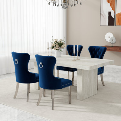 Cavira 5-Piece Modern Dining Set, Faux Marble Dining Table With Four Chairs, Blue