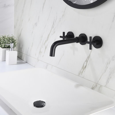 Wall Mounted Bathroom Sink Faucet With Double Handles And Pop - Up Drain For Sinks Without Overflow, Stainless Steel Brass Material, Splash Aerators, Economical Installation Process Composition, Cost