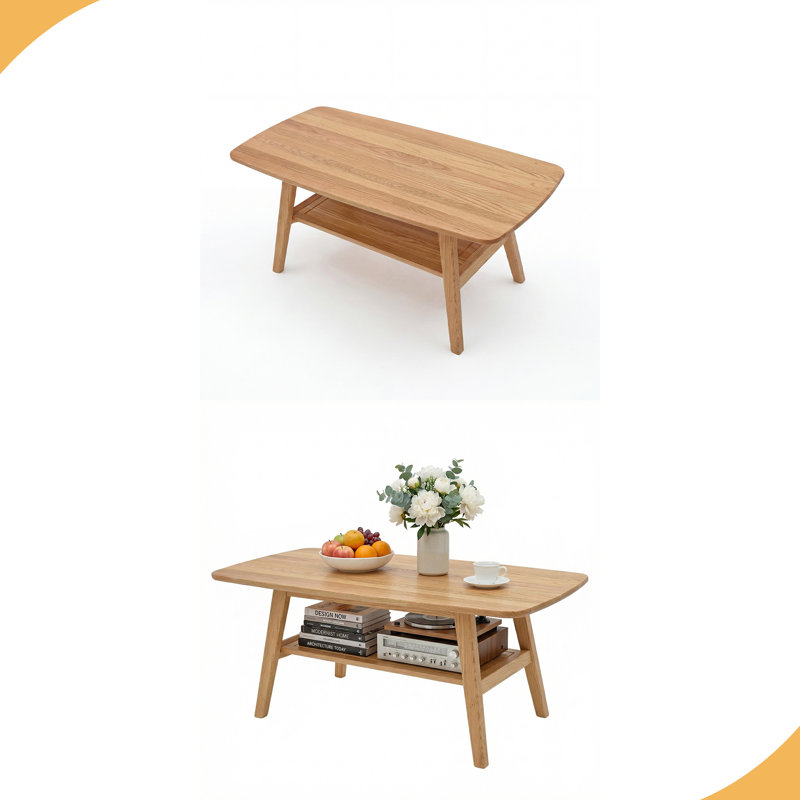 Table basse moderne Mid-Century, table basse 100% chêne massif avec étagère de rangement, table basse à 2 niveaux avec coins arrondis pour le salon