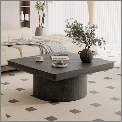 34.6'' Square Coffee Table, Modern Wood Veneer Parquet Top & Cylindrical Base, Thickened Tabletop, Easy Assembly, Black