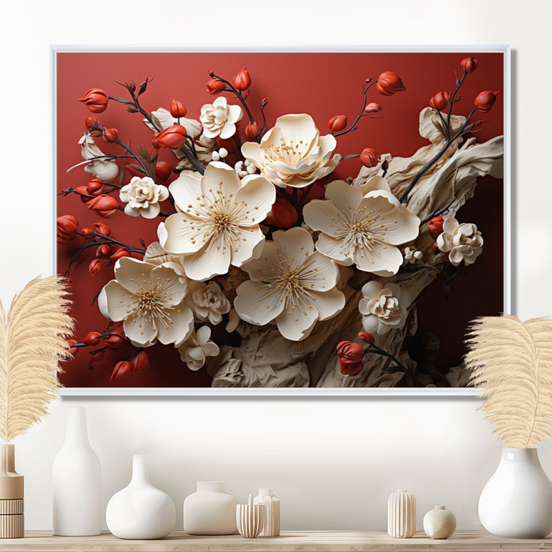 Orchidée blanche et rouge, branches de fleur V - art mural floral abstrait, H 24 po x l 32 po x P 1 po, Cadre flottant blanc