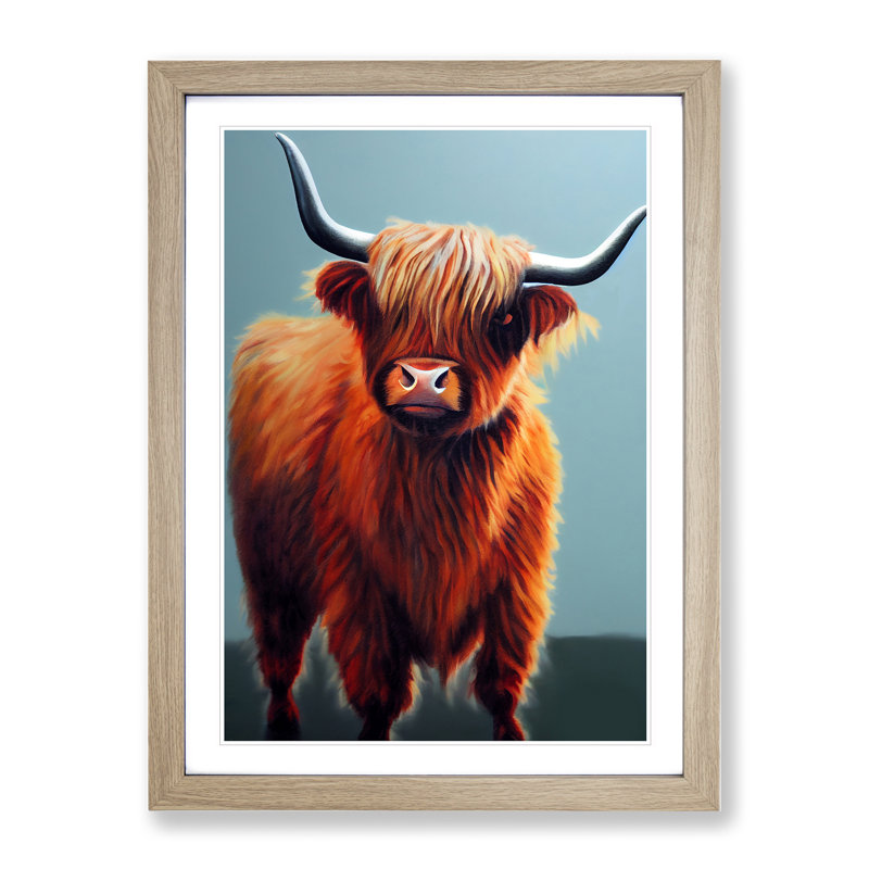 Peaceful Highland Cow 1 Piece Single Picture Frame Wall Art, 34cm H x 25cm W, Oak