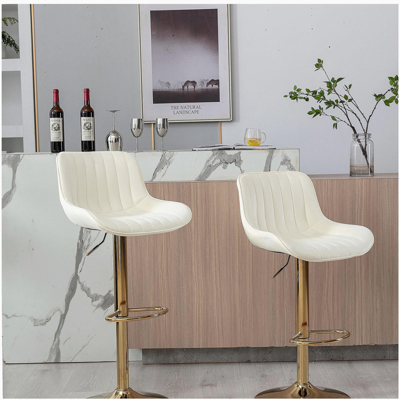 Repose-pieds et base chromés, mécanisme de hauteur réglable en velours + tabouret de bar simple à pieds dorés, 2, beige