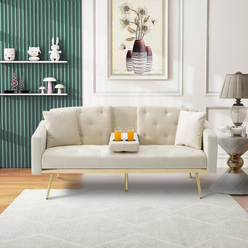 Ebelina Twin 67.7'' Velvet Convertible Sofa, Beige Velvet