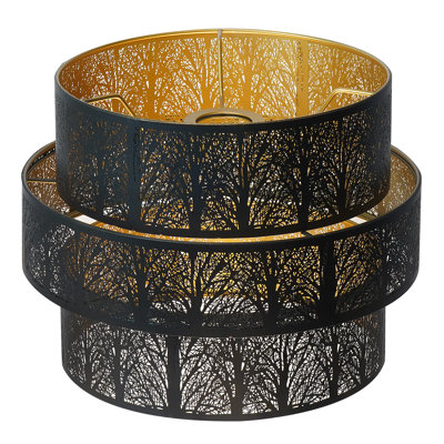 3-tier Drum Lampshade, Metal Lamp Shades 11.8'' Width x 9'' High | UNO Fitter, ALUCSET For Floor Lamp Shade Replacement Pendant Lamp Chandelier, Black Gold Etched Forest Design
