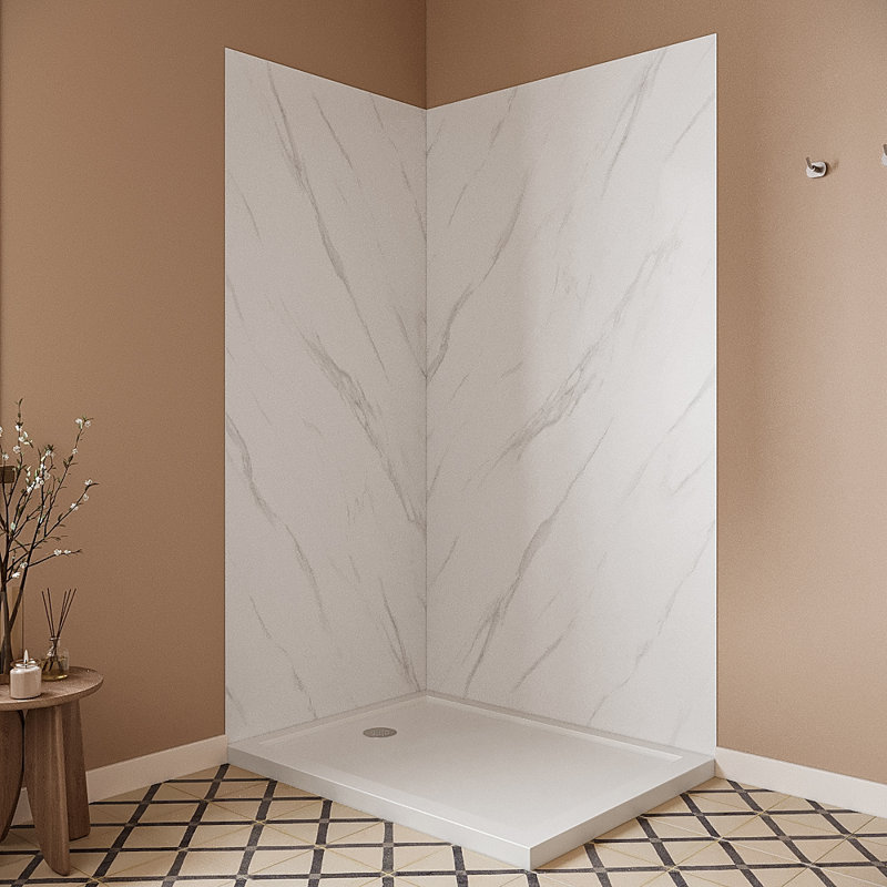 Streamline DSH-1420-148 34 in. L x 42 in. W x 76 in. H 2-Piece Glue-Up Corner Shower Surround in White Marble Finish