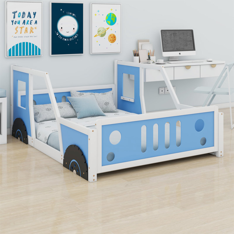 Lit plateforme classique avec roulettes en forme de voiture, Bleu ; blanc