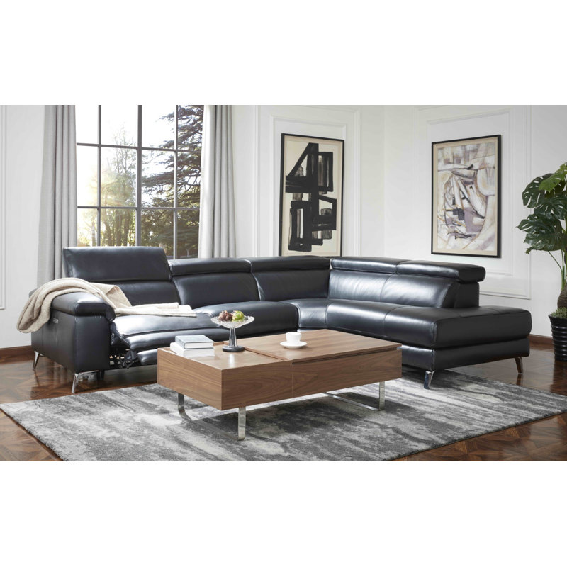 Bryd Upholstered Power Reclining L-Shaped Sectional, Right Hand Facing, Black Genuine Leather