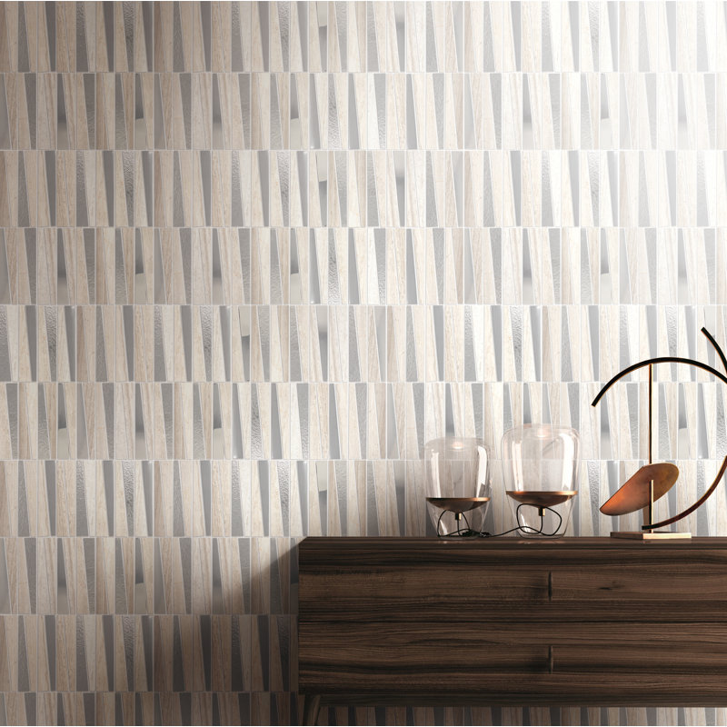 Ruzzle 11.75'' X 11.75'' Natural Stone/Glass Herringbone Mosaic Wall Tile, Beige/Silver