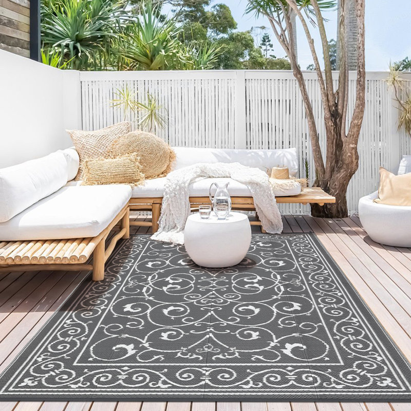 Modern Outdoor Gray Plastic Garden Decor Reversible Area Rugs with UV Resistant 9x18, Gray, Runner 9' x 18'