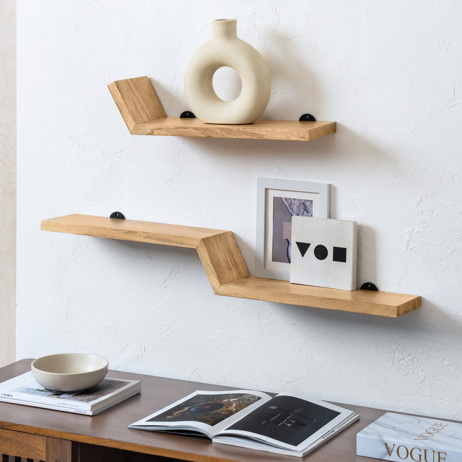 Marv Solid Mango Wood Wall Mounted Floating Shelves (Set of 2) , Natural