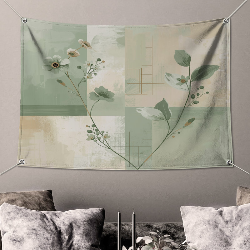 Tapisserie murale florale, botanique et abstraite - Fleurs, H 68 po x l 80 po avec 4 œillets